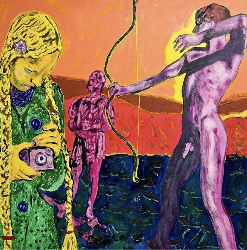 A colorful painting of three people