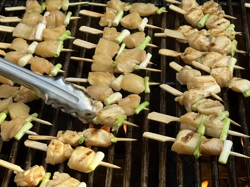Halibut yakitori skewers on the grill, from Call Me Pearl