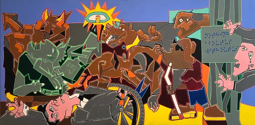 colorful artwork of people and creatures, one holding a braille sign