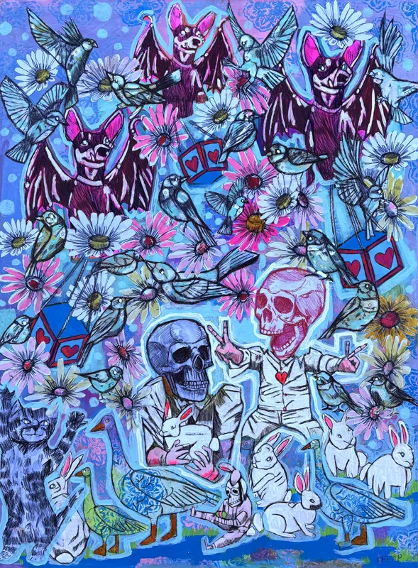 Blue and purple drawings of skulls