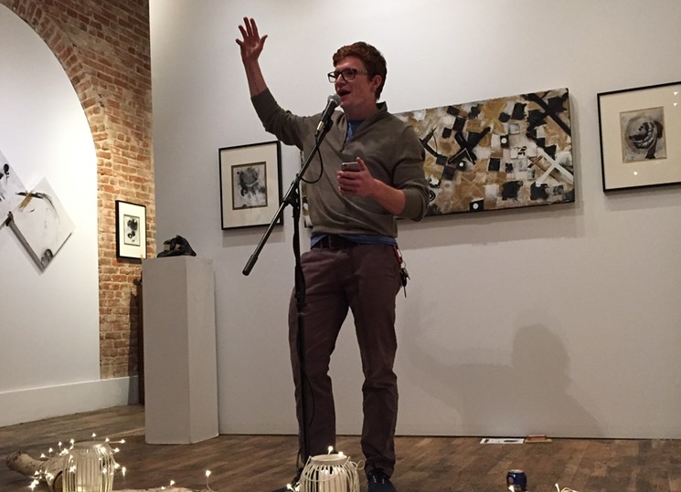 Raconteur  Morgan Hartley tells a story at November's event at Leon Art Gallery. - AMBER BLAIS