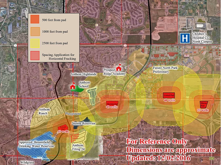 Opponents' rendition of Extraction's proposed well pads, superimposed on a Google Earth map to show proximity to Broomfield residential areas. - BROOMFIELDCLEANAIRANDWATER.ORG