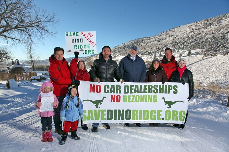 Dinosaur Ridge Neighbors, a group opposed to the rezoning at the interchange, turned out in force at last month's Jefferson County planning commission hearing. - PHOTO BY ANTHONY CAMERA