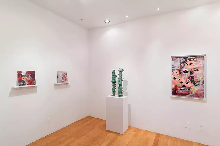 "This is," mixed media on record album cover; "E-stranger," mixed media on record album cover; "Mr. and Mrs. Manyheads," bronze containing the remnants of ceramic mugs; "Burning Bush (E-thou)," mixed media on Penthouse poster. All by Donald Fodness. - WES MAGYAR