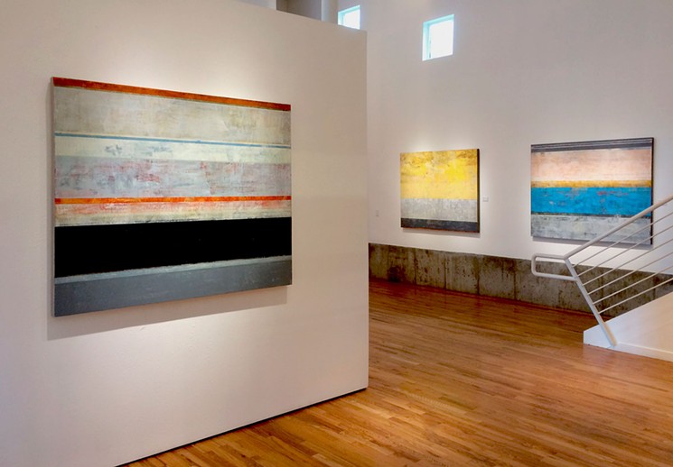 Left to right: "The Gate," acrylic on linen, and "The Standard," acrylic on panel, by Clay Johnson. - WILLIAM HAVU GALLERY