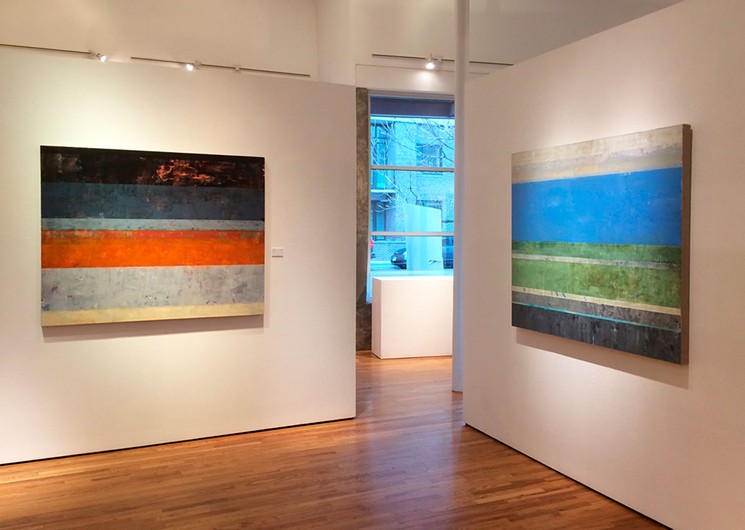 Left to right: "Hover," acrylic on panel, and "Take Three," acrylic on linen, by Clay Johnson. - WILLIAM HAVU GALLERY