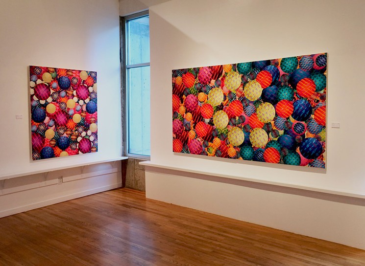 Left to right: "Motion Signal," acrylic on canvas, and "Jupiter’s Necklace," acrylic on canvas, by Aaron Karp. - WILLIAM HAVU GALLERY