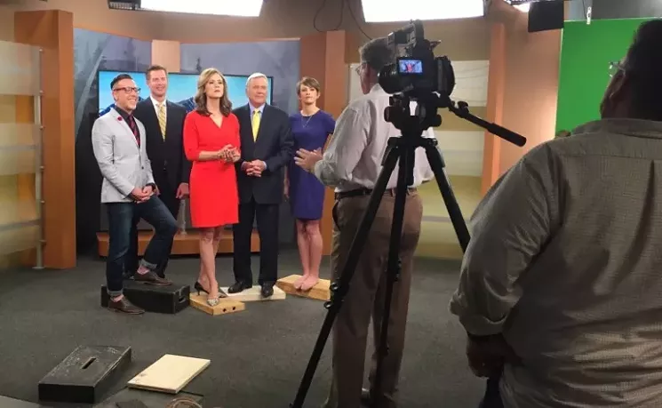 Ernie Bjorkman at a promo shoot with new Daybreak co-stars Natalie Tysdal, Chris Tomer, Sam Boik and Chris Parente. - COURTESY OF CW2