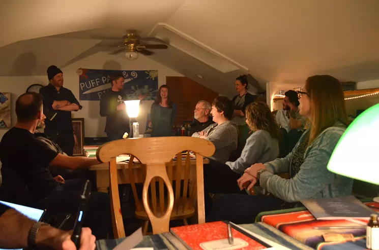 Standing from left to right: Lit on Lit hosts Daniel Landes, Josiah Hesse and Amanda Eike Koehler, and Puff, Pass and Paint founder Heidi Keyes. - LINDSEY BARTLETT