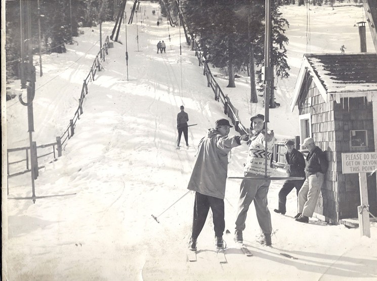 Skiers mounting the Hughes T-bar in the 1950s. - GRAND COUNTY HISTORICAL ASSOCIATION