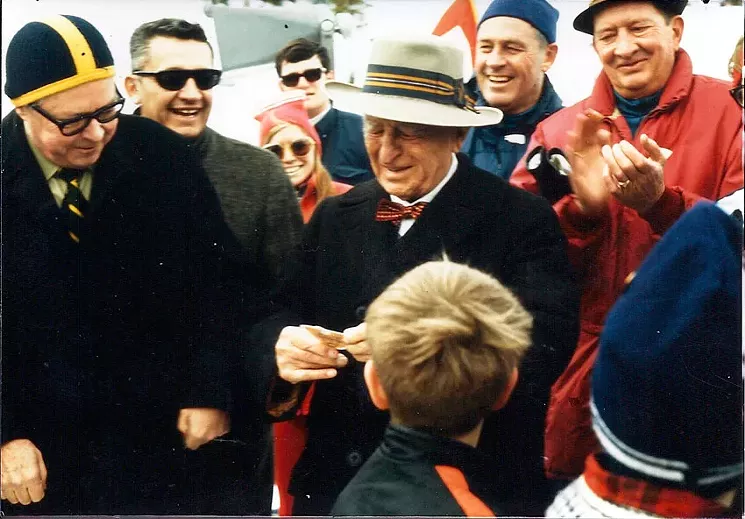 Winter Park's founder, George Cranmer (wearing bowtie), was honored by Denver Mayor Bill McNichols, a clapping WPRA chairman Allan Phipps and others at Winter Park’s thirtieth anniversary in 1970. - GRAND COUNTY HISTORICAL ASSOCIATION