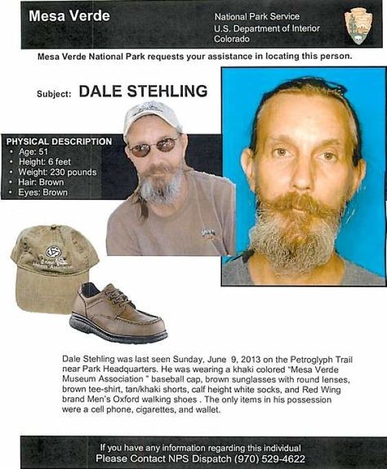 A National Park Service poster about Dale Stehling, complete with a contact number for use by anyone with more information about his disappearance. - NATIONAL PARK SERVICE