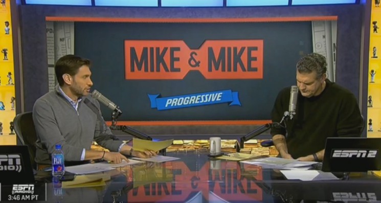 Mike Greenberg and Mike Golic during their ESPN2 broadcast following Romo's November 2016 press conference. - ESPN VIA YOUTUBE