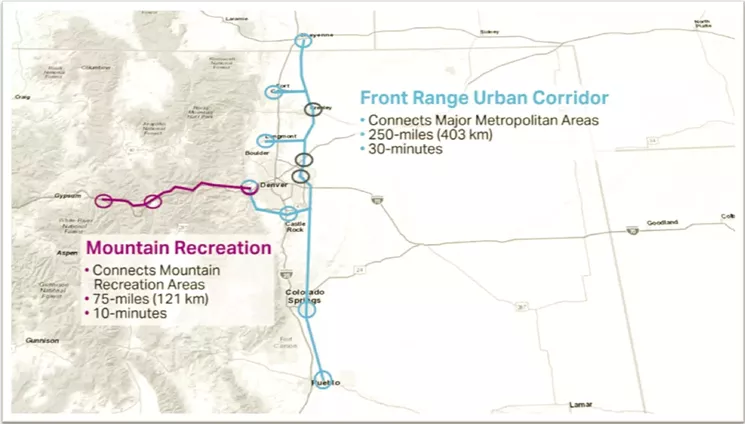A map showing the two routes pitched by the Rocky Mountain Hyperloop team. - COLORADO DEPARTMENT OF TRANSPORTATION