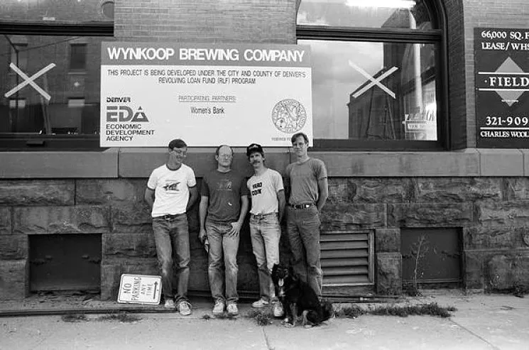 Four founders of the Wynkoop Brewing Company in LoDo. Does the one on the left look familiar? - COURTESY KIM ALLEN, DENVERPHOTOARCHIVES.COM.