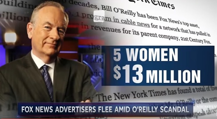 A screen capture from an NBC News report about advertisers' negative reactions to revelations about sexual-harassment payouts related to Billy O'Reilly. - NBC NEWS VIA YOUTUBE