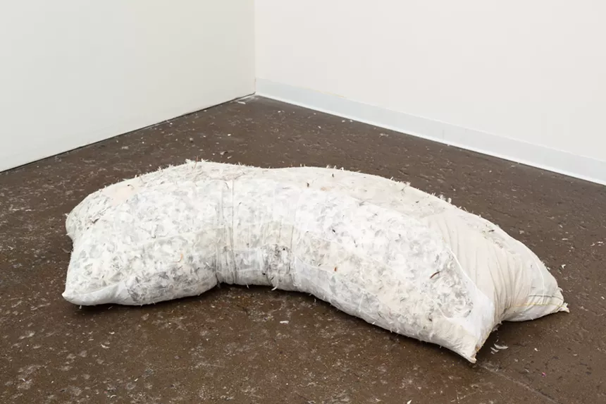 Theresa Anderson, “body double,” goose down feathers, pantyhose, 2016, for Peep Show. - THERESA ANDERSON