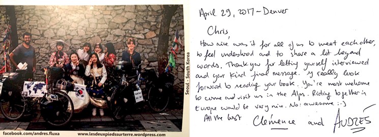 A postcard that the couple left me. Selling these postcards around the world has helped fund their travels. - CHRIS WALKER