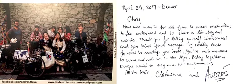 A postcard that the couple left me. Selling these postcards around the world has helped fund their travels. - CHRIS WALKER
