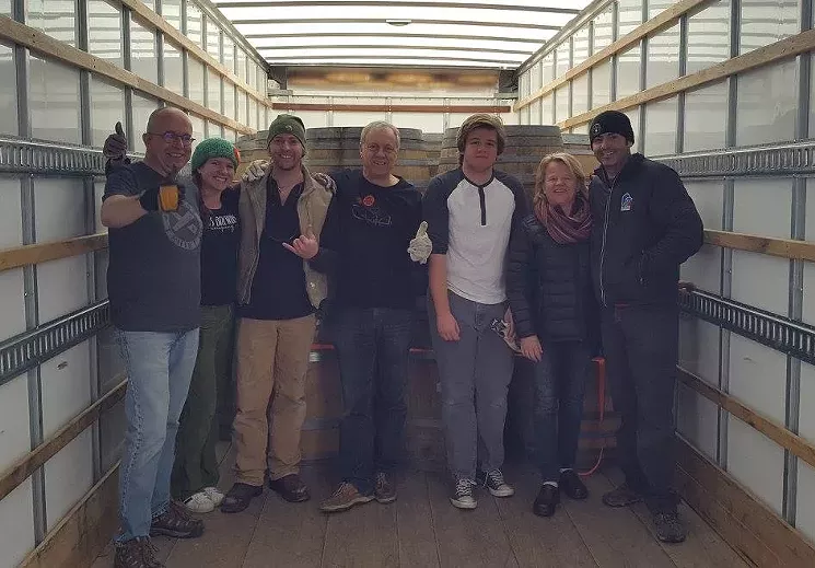 Bouckaert (left) and the Wilsons got some of their first barrels from Infinite Monkey Theorem in Denver. - PURPOSE BREWING