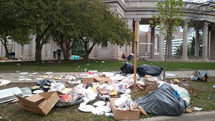 Trash at Civic Center Park the morning after this year's Denver 420 Rally. - PHOTO BY MICHAEL ROBERTS