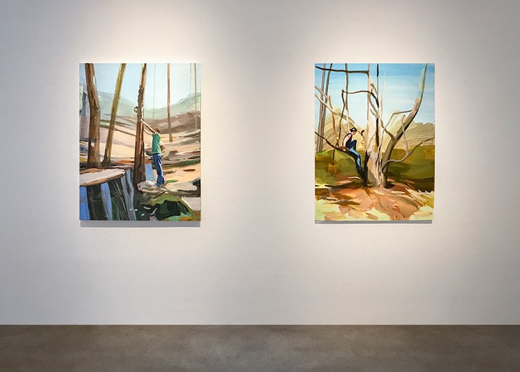 Nikki Lindt installation of "Reaching Wood" and "Under the Blue," acrylic on canvas. - COURTESY OF ROBISCHON GALLERY