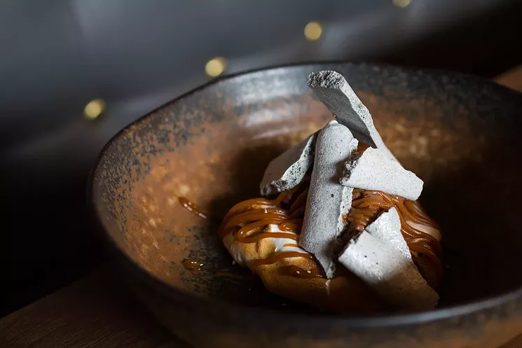 Concourse's take on Rocky Road, with coconut and pistachio meringue, chocolate sorbet and caramel. - DANIELLE LIRETTE