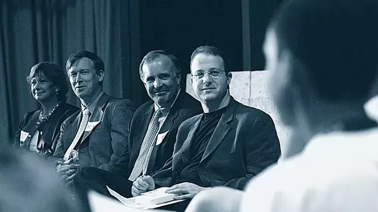 Jared Polis watching a presentation of Summerbridge, a Kent Denver program to which his foundation donated, circa 2004. Then-Denver mayor John Hickenlooper is second from left. - PHOTO BY ANTHONY CAMERA