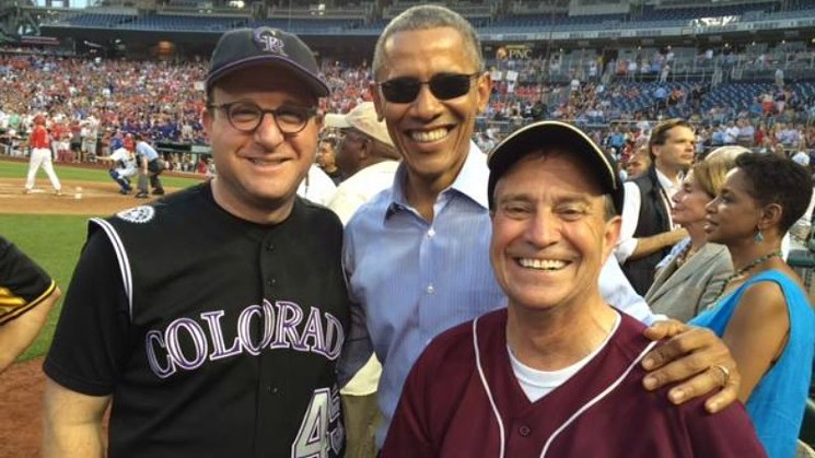 Jared Polis and fellow gubernatorial candidate Ed Perlmutter posing with President Barack Obama at the 2015 congressional baseball game. - FACEBOOK