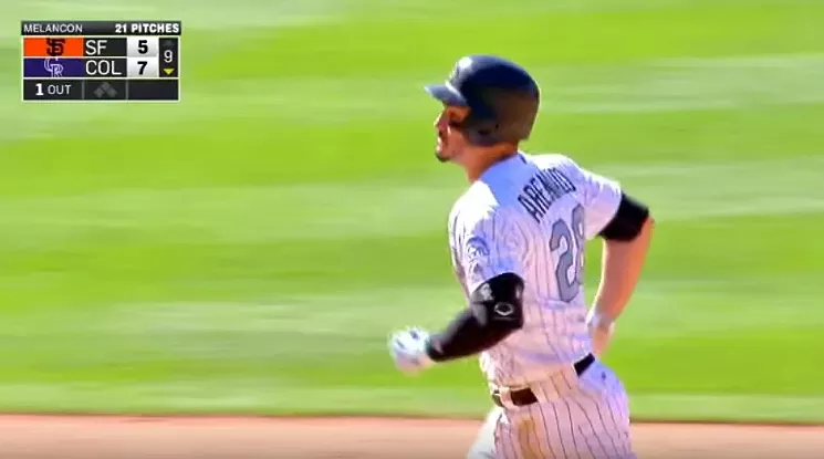 Nolan Arenado rounding the bases after completing the cycle with a walk-off home run against the San Francisco Giants on June 18. - MLB VIA YOUTUBE
