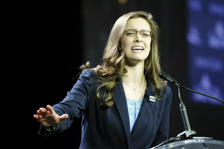 Ellen Densmore, winner of last year's Under-30 speech contest, speaking at the Summit. - CENTENNIAL INSTITUTE