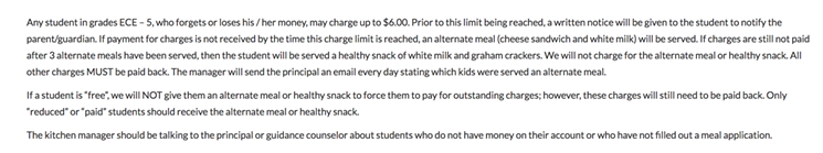 A screenshot of the school lunch debt rule on DPS's website. - FOOD & NUTRITION SERVICES / DPSK12.ORG