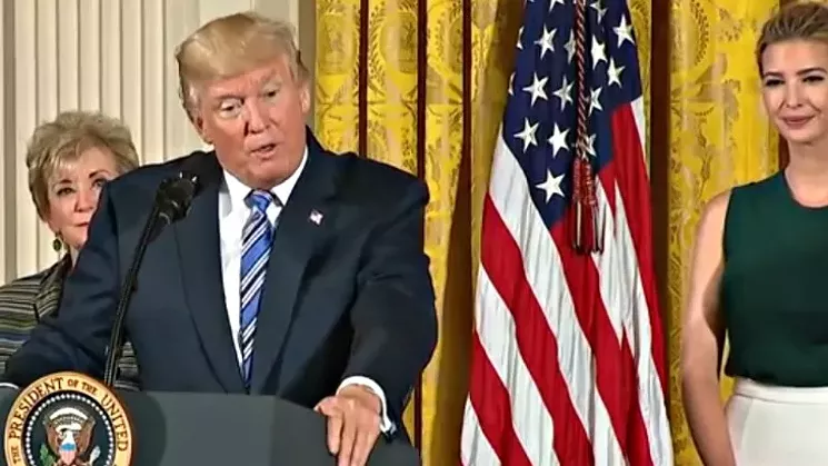 President Donald Trump with daughter Ivanka Trump and SBA administrator Linda McMahon at the White House's small-business event. - WHITE HOUSE VIA YOUTUBE