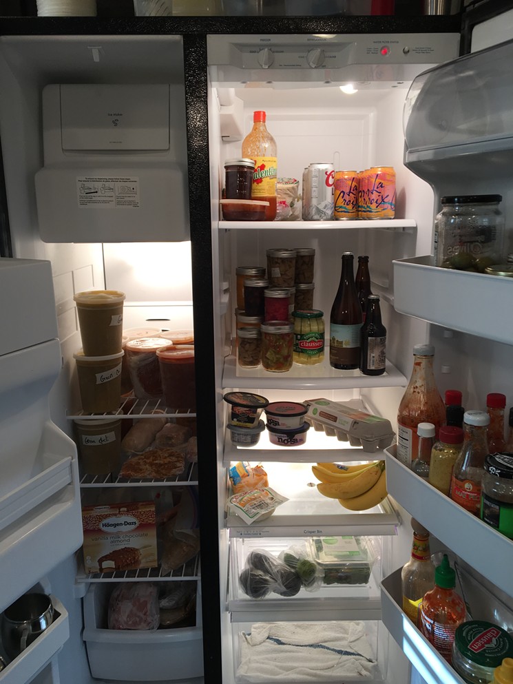 Always in Taylor's fridge: hot sauce (Valentina), eggs, mustard and pickles. In the freezer are Haagen-Dazs bars, which he calls his guilty pleasure. - RYAN TAYLOR