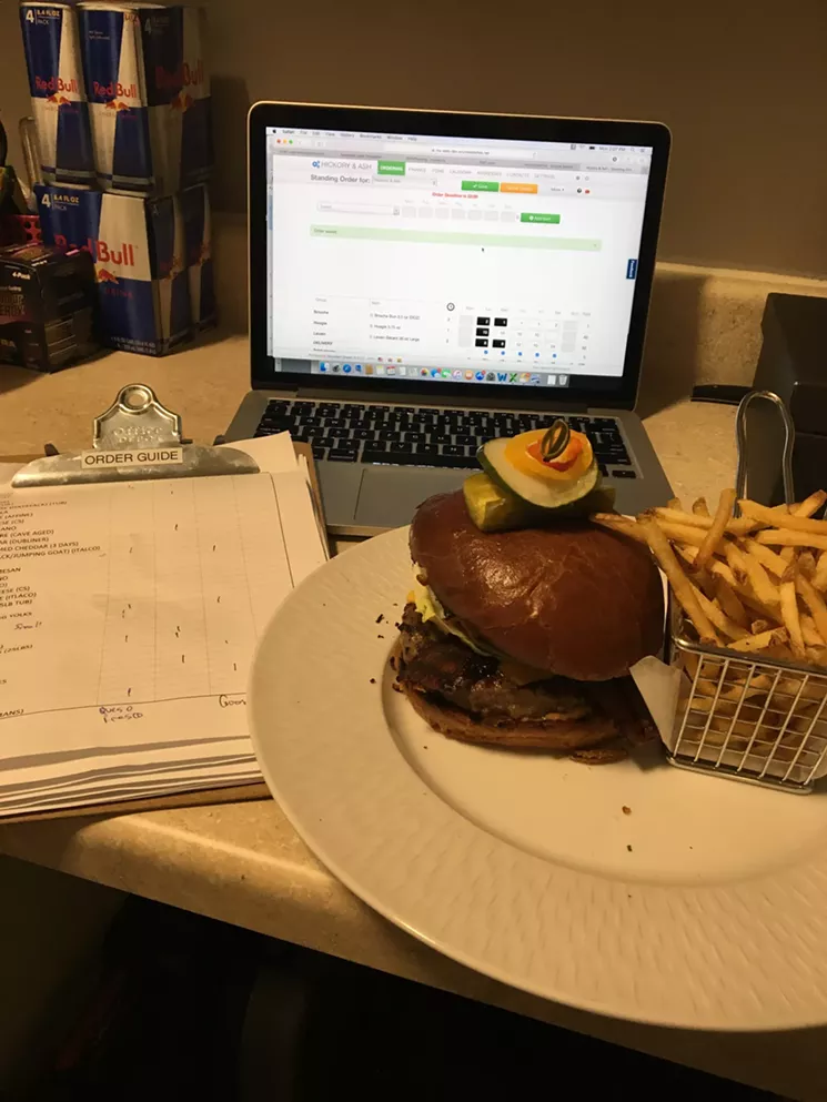 Taylor eats the Hickory & Ash steak burger twice a week, when he nabs a ten-minute lunch break to do paperwork and orders. - RYAN TAYLOR