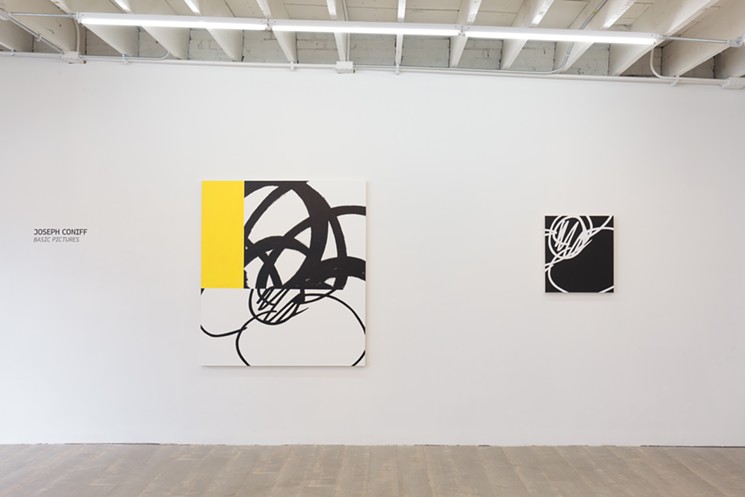 Left to right: Joseph Coniff’s “Including Yellow” and “Four Flowers (in greater detail)”, acrylic and enamel on canvas. - COURTESY OF RULE GALLERY