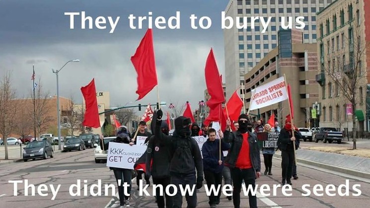 A Colorado Springs Socialists meme featuring an image from the March protest. - FACEBOOK