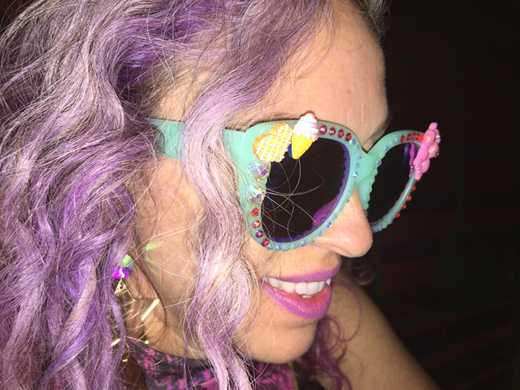 These ice cream-adorned sunglasses were made by Nelson's friend Sugar Jones, and complement her purple hair. - PHOTO BY AMANDA VAROZ