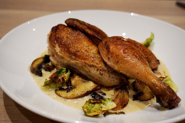 The bindery's version of coq au vin uses cava instead of red wine and replaces the slow-stewed chicken with roasted Boulder hen. - MARK ANTONATION