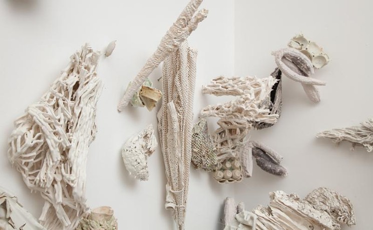 Martha Russo, "lightness of being," 2017, (installation detail), porcelain slip, mixed media, metal, monofilament. - GOODWIN FINE ART
