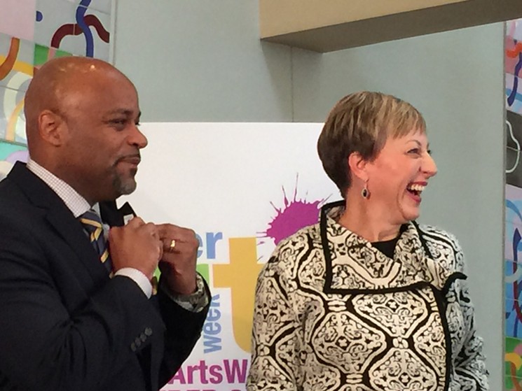 Mayor Michael Hancock and Janice Sinden were given a lesson in hip-hop dance. - KYLE HARRIS