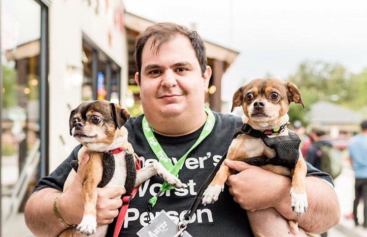 Aaron Urist (pictured here holding the author's dogs) headlines the DBC Showcasetacular on Wednesday, November 8. - FROM THE HIP PHOTO