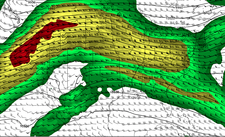 The primary jet stream pattern over Colorado that led to the warm November. The red and blue colors (strong winds) over Colorado kept us warm and dry. - COLLEGE OF DUPAGE METEOROLOGY