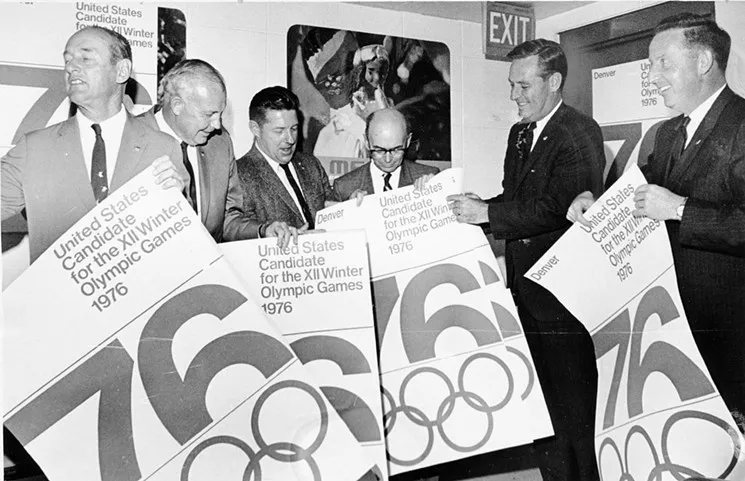 Business and political leaders, including Colorado Lieutenant Governor John Vanderhoof (third from left), Governor John Love (second from right) and Denver Mayor Tom Currigan (far right) worked for years on a successful bid to host the ’76 Winter Olympics. - DENVER PUBLIC LIBRARY