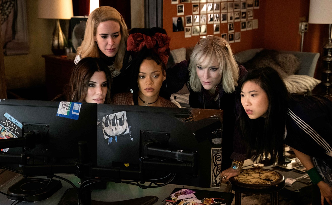 The all-star cast of Ocean's 8 that includes (from left) Sandra Bullock, Sarah Paulson, Rihanna, Cate Blanchett and Awkwafina gets upstaged by James Corden, but through no fault of the women.