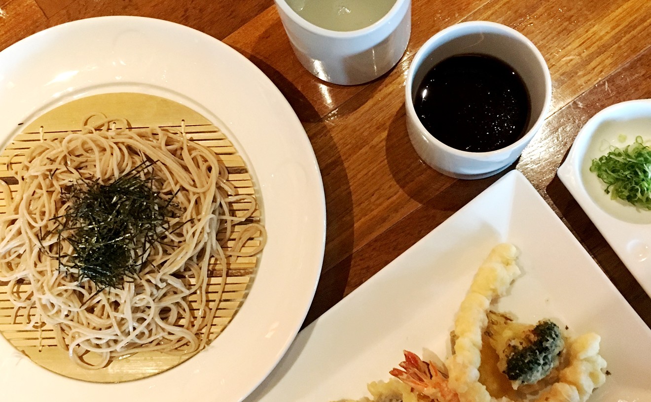 Handmade soba noodles at Matsuhisa are served chilled, with an option of tempura shrimp and vegetables.