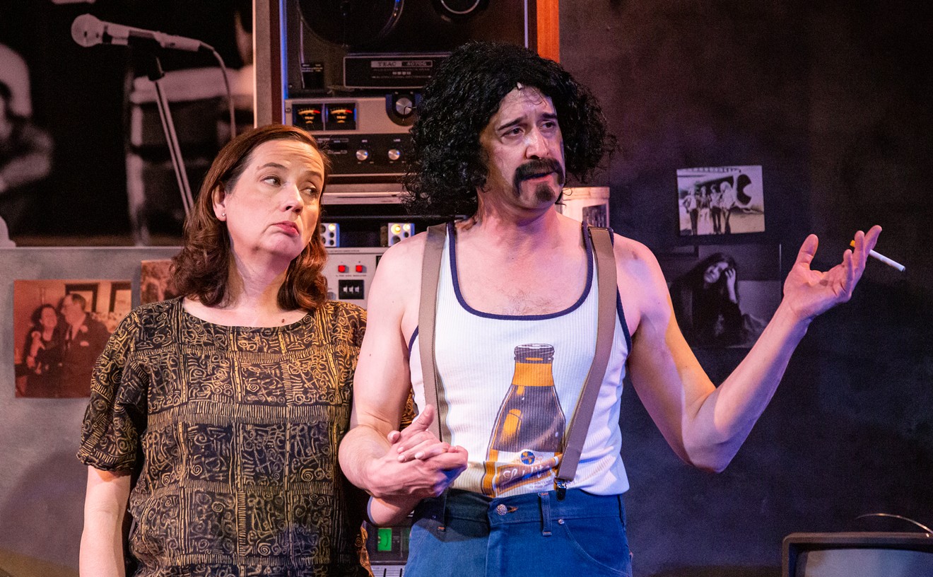 Abby Apple Boes as Mae Brussell and Damon Guerrasio as Frank Zappa.