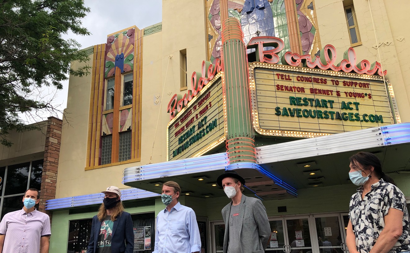 David Weingarden, Z2 Entertainment's vice president of concerts and events (from left); the Lumineers' Wesley Schultz; Senator Michael Bennet; the Lumineers' Jeremiah Fraites; and Cheryl Ligouri, CEO of Z2 Entertainment.