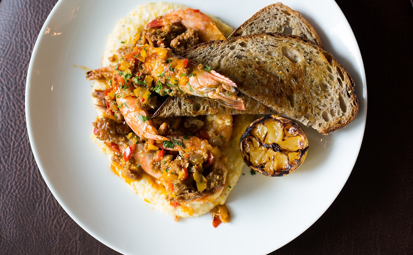 Whole shrimp with goat-cheese grits and chorizo.