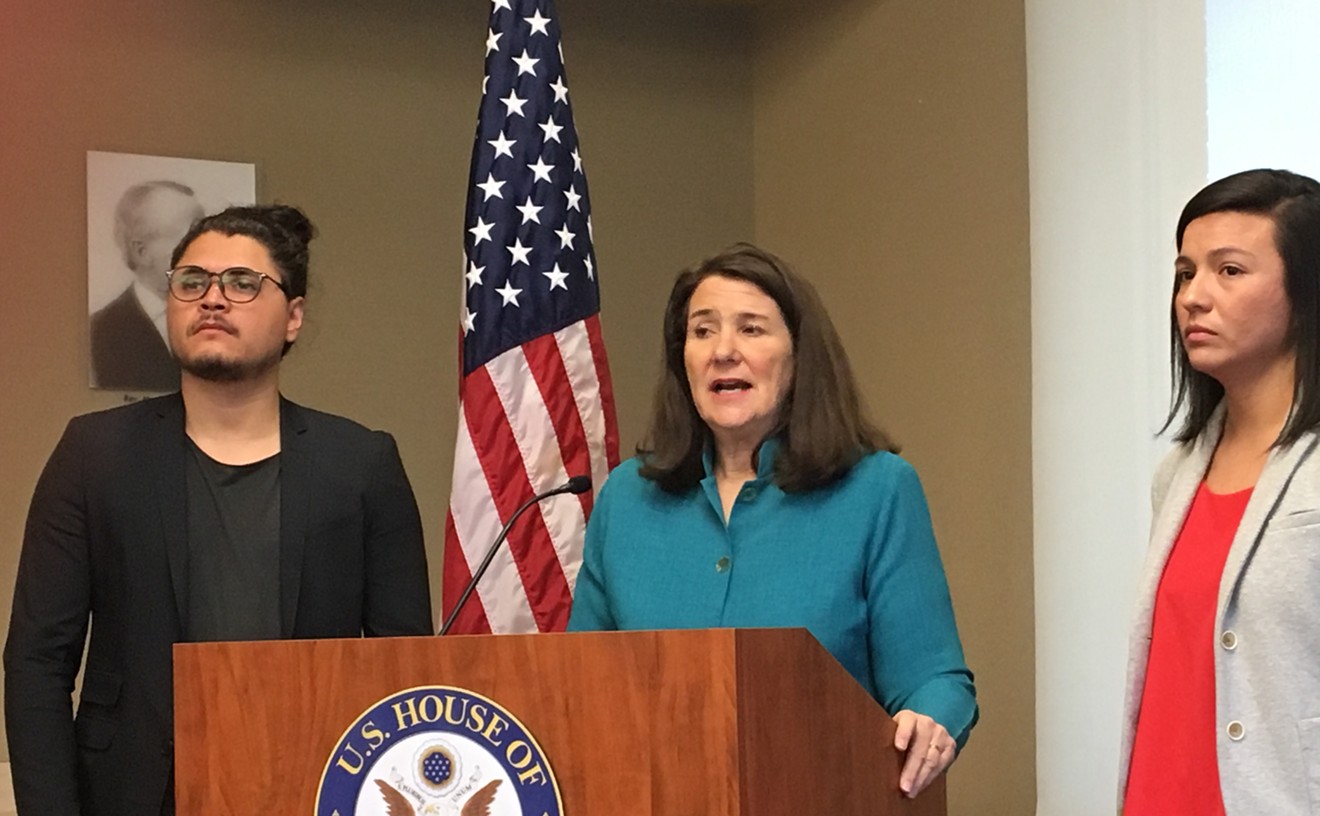 DACA recipients Salvador Hernandez (left) and Marissa Molina flank Congresswoman DeGette during a press conference in Denver on May 10.